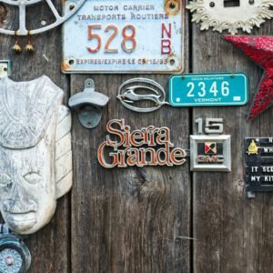 a bunch of assorted items on a wooden surface